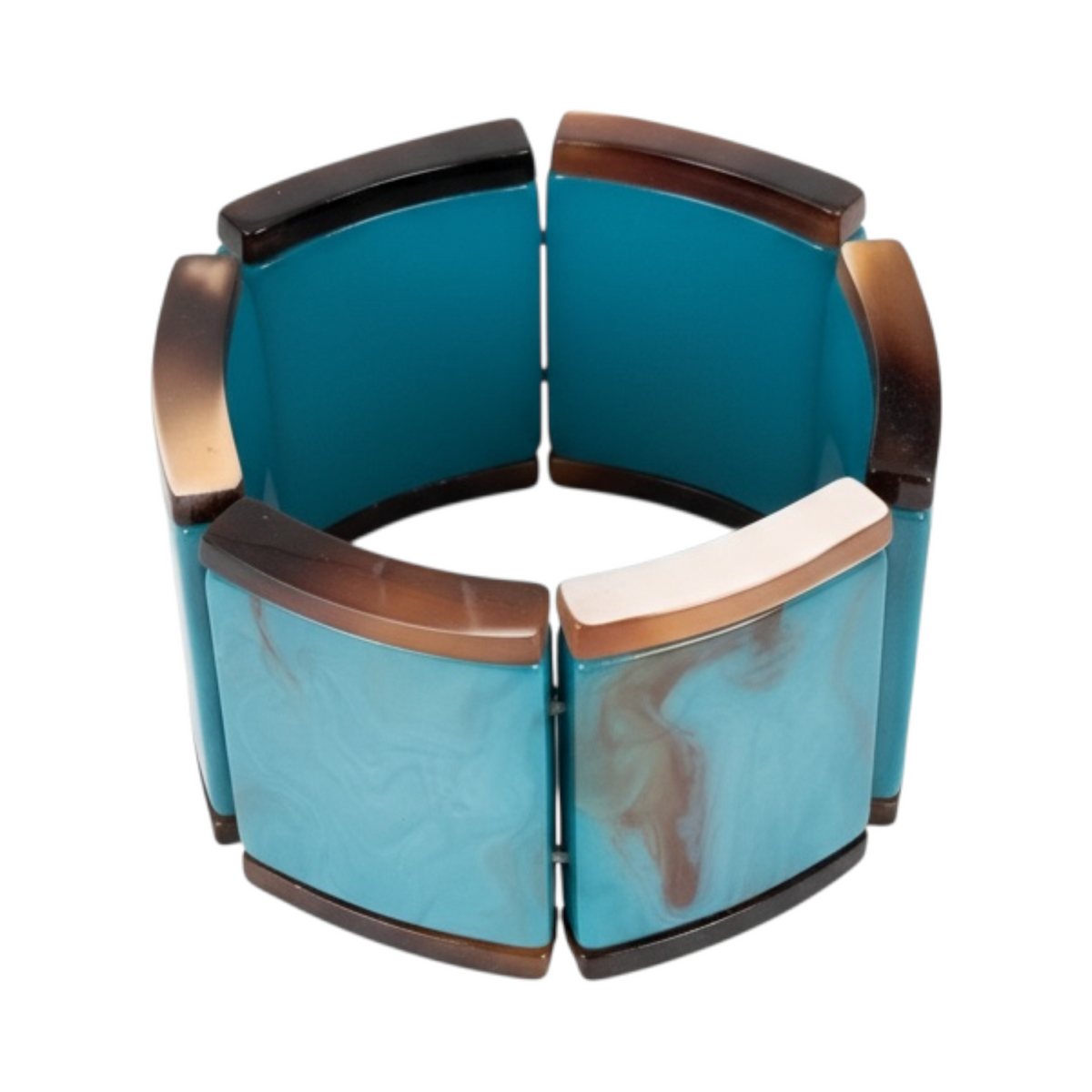 Pulsera ALMA de La Mariposa, color azul, de piezas rectangulares. Vista en perspectiva.