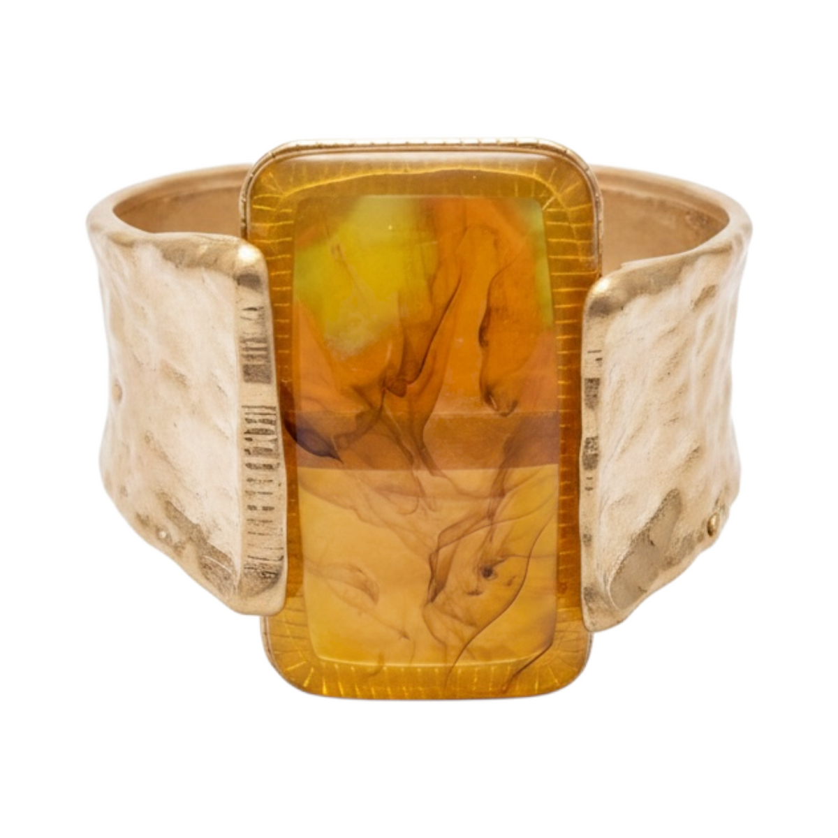 Pulsera ALPINA de La Mariposa, color amarillo, con acabado dorado y pieza central rectangular. Vista frontal.