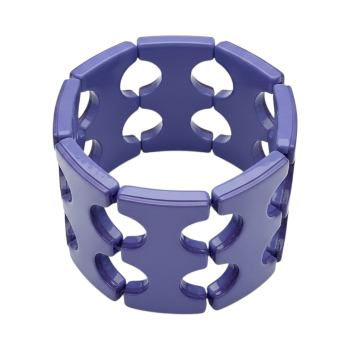 Pulsera ARENA de La Mariposa, color lila, con diseño calado de piezas geométricas. Vista en perspectiva.