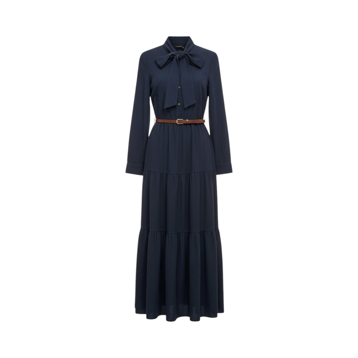Vestido camisero largo BENEVENTO de La Mariposa en azul marino, con manga larga, lazada al cuello, botones delanteros y cinturón marrón. Vista frontal.