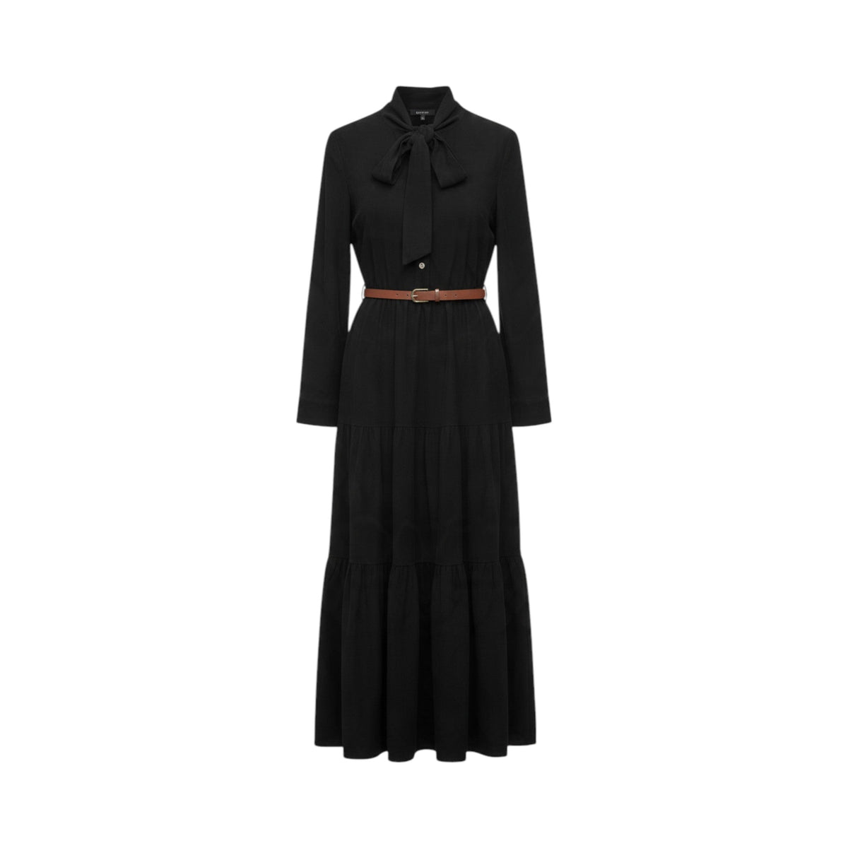 Vestido camisero largo BENEVENTO de La Mariposa en negro, con manga larga, lazada al cuello, botones delanteros y cinturón marrón. Vista frontal.