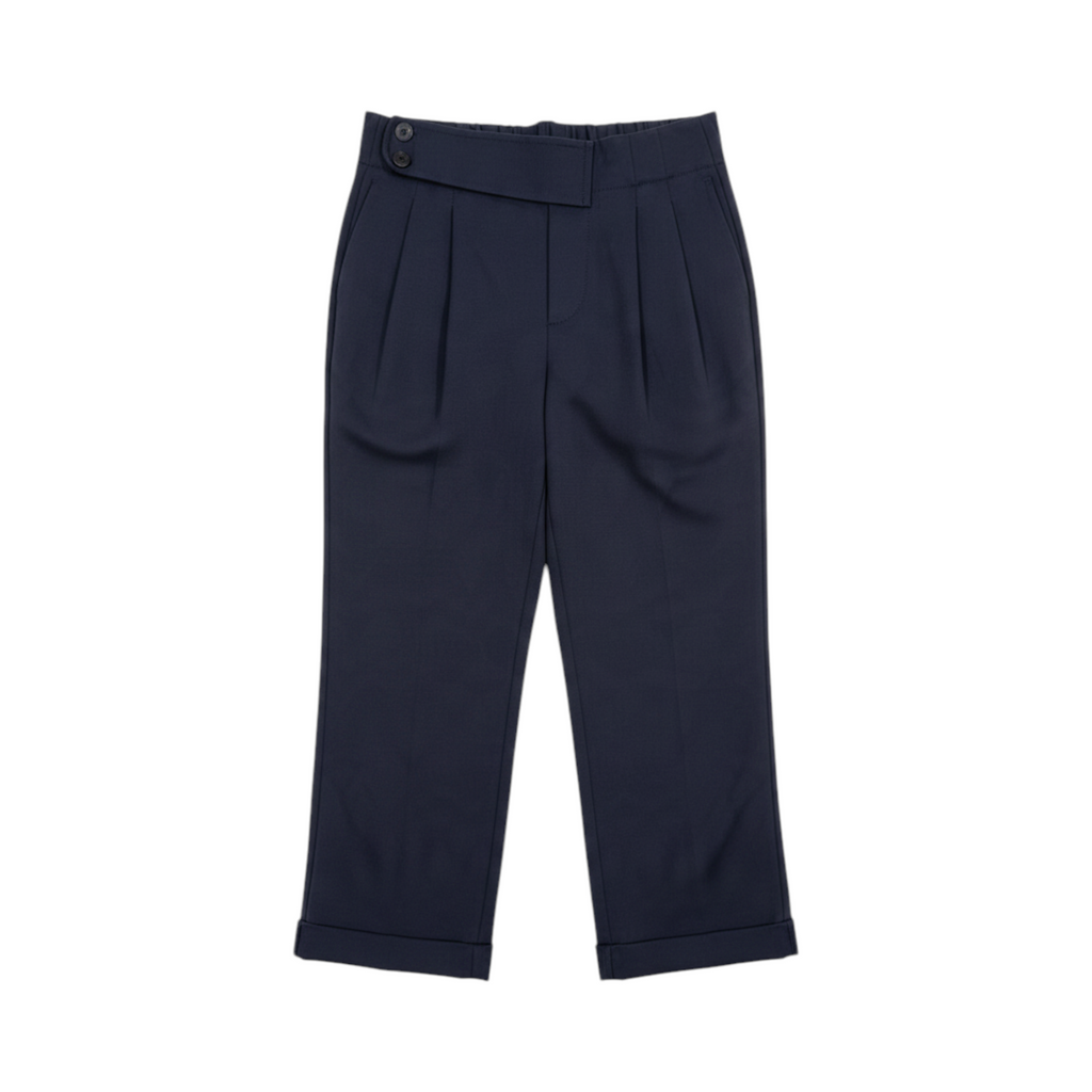 Pantalón tobillero con cintura cruzada BIELLA de La Mariposa, color Azul marino. Vista delantera.