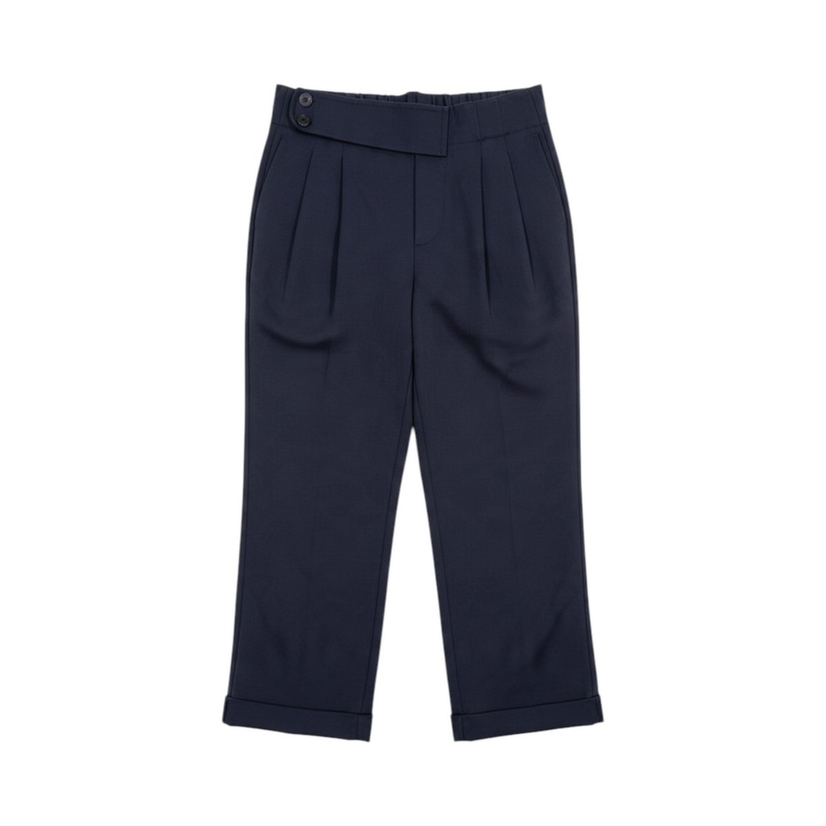 Pantalón tobillero con cintura cruzada BIELLA de La Mariposa, color Azul marino. Vista delantera.
