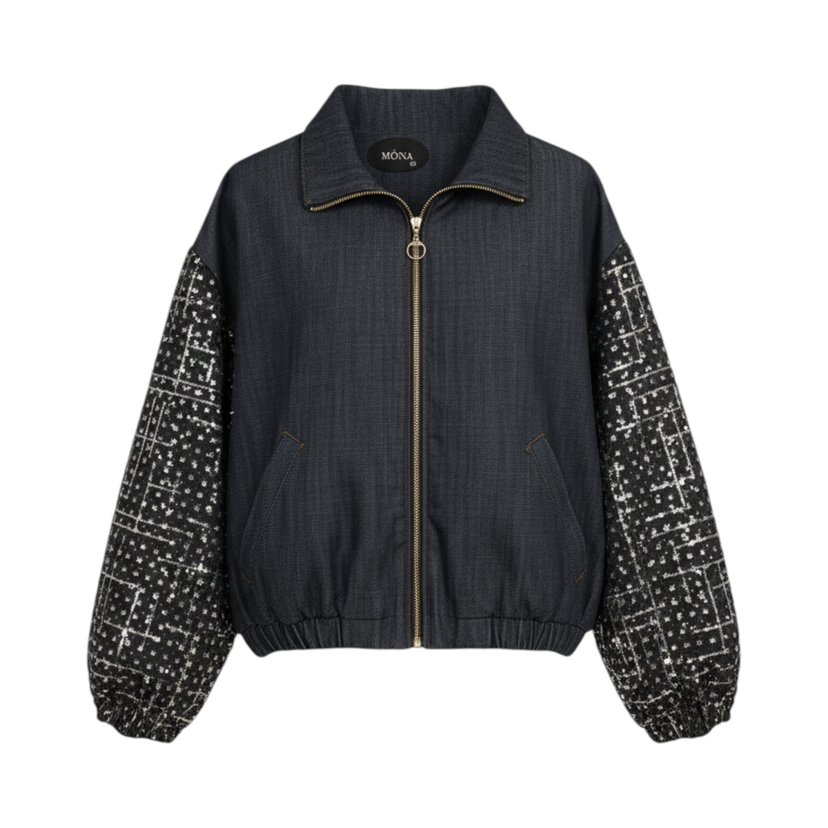 Chaqueta denim con mangas de lentejuelas BOLONIA de La Mariposa, color Denim oscuro. Vista frontal.
