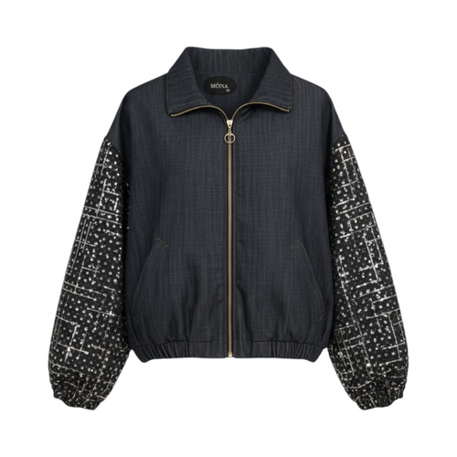 Chaqueta denim con mangas de lentejuelas BOLONIA de La Mariposa, color Denim oscuro. Vista frontal.