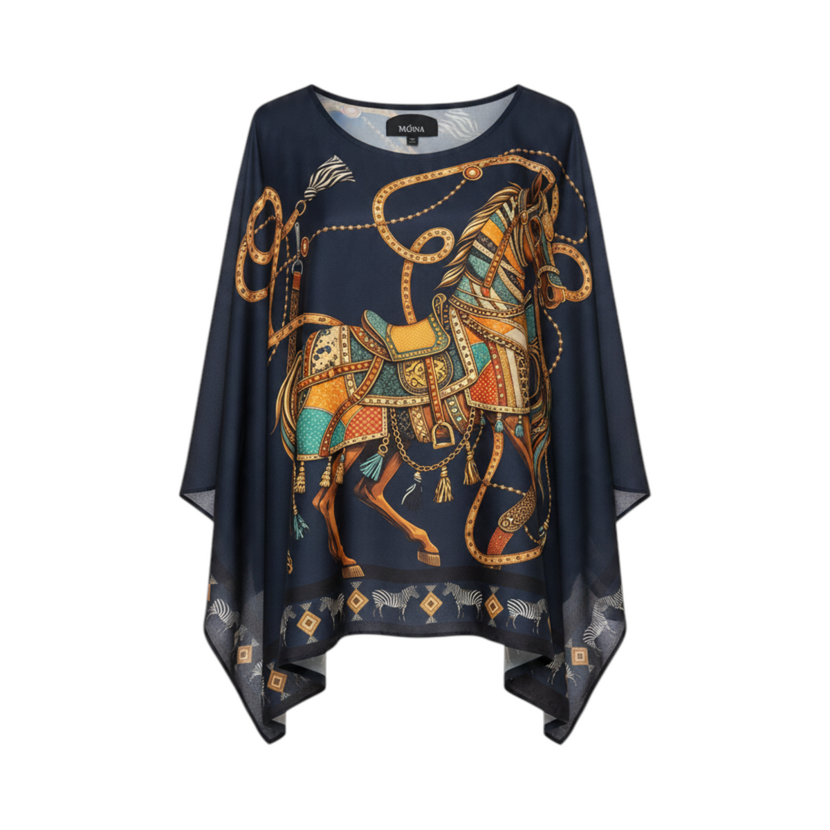 Blusa amplia de cadenas y motivos ecuestres CARRARA de La Mariposa, color Negro y dorado. Vista delantera.