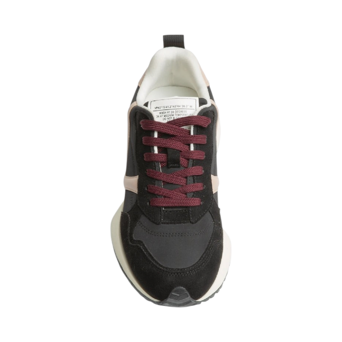 Zapatilla Corina LILAC de La Mariposa, variante Negro, con cordones. Vista superior.
