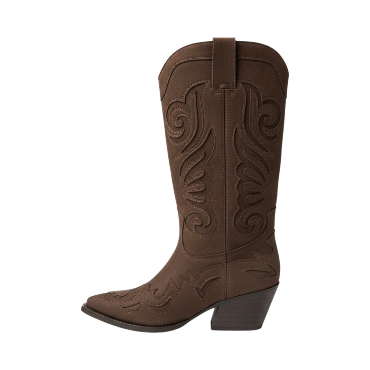 Bota Corina RELY de La Mariposa, color marrón, de estilo cowboy, caña alta y costuras decorativas. Vista lateral.