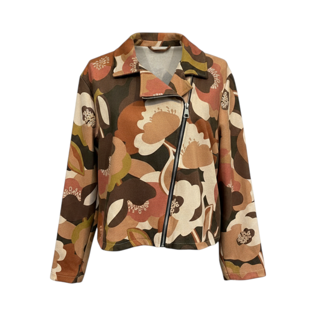 Chaqueta de flores con solapas CREMONA de La Mariposa, color Floral beige y marrón. Vista delantera.