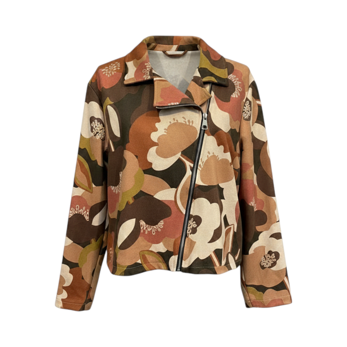 Chaqueta de flores con solapas CREMONA de La Mariposa, color Floral beige y marrón. Vista delantera.