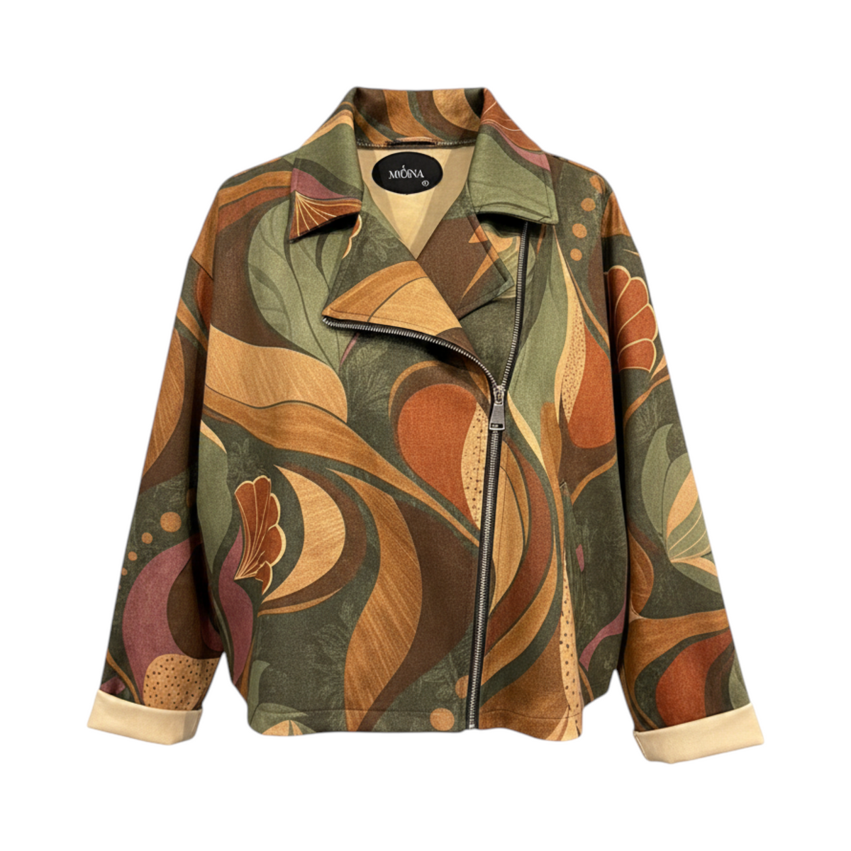 Chaqueta de flores con solapas CREMONA de La Mariposa, color Floral verde y rosa. Vista delantera.