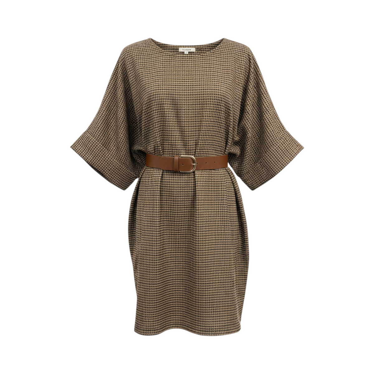 Vestido de cuadros tipo poncho con cinturón CUNEO de La Mariposa, color Cuadros marrones. Vista delantera.