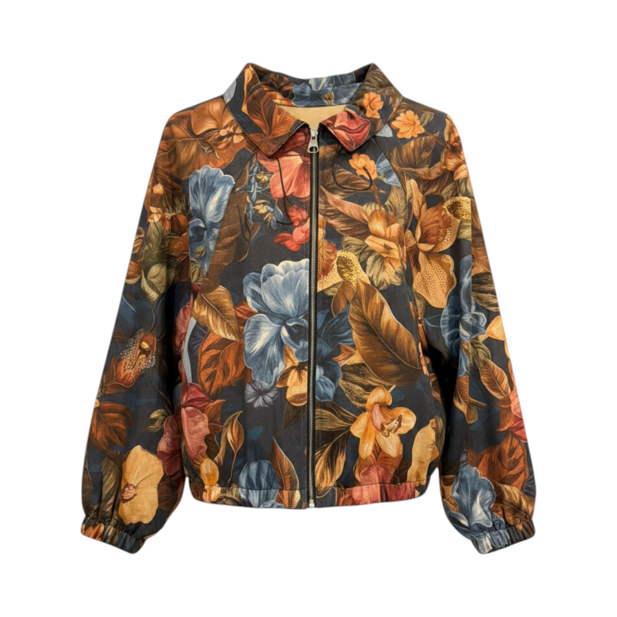 Chaqueta floral con capucha y cremallera FAENZA de La Mariposa, color Floral azul y rojo. Vista delantera.