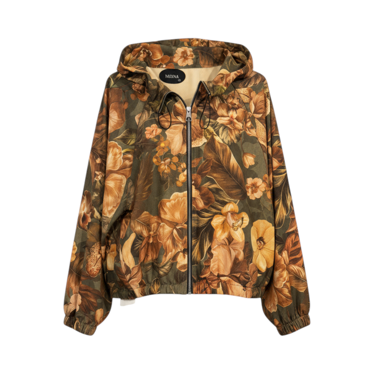 Chaqueta floral con capucha y cremallera FAENZA de La Mariposa, color Floral verde y marrón. Vista delantera.