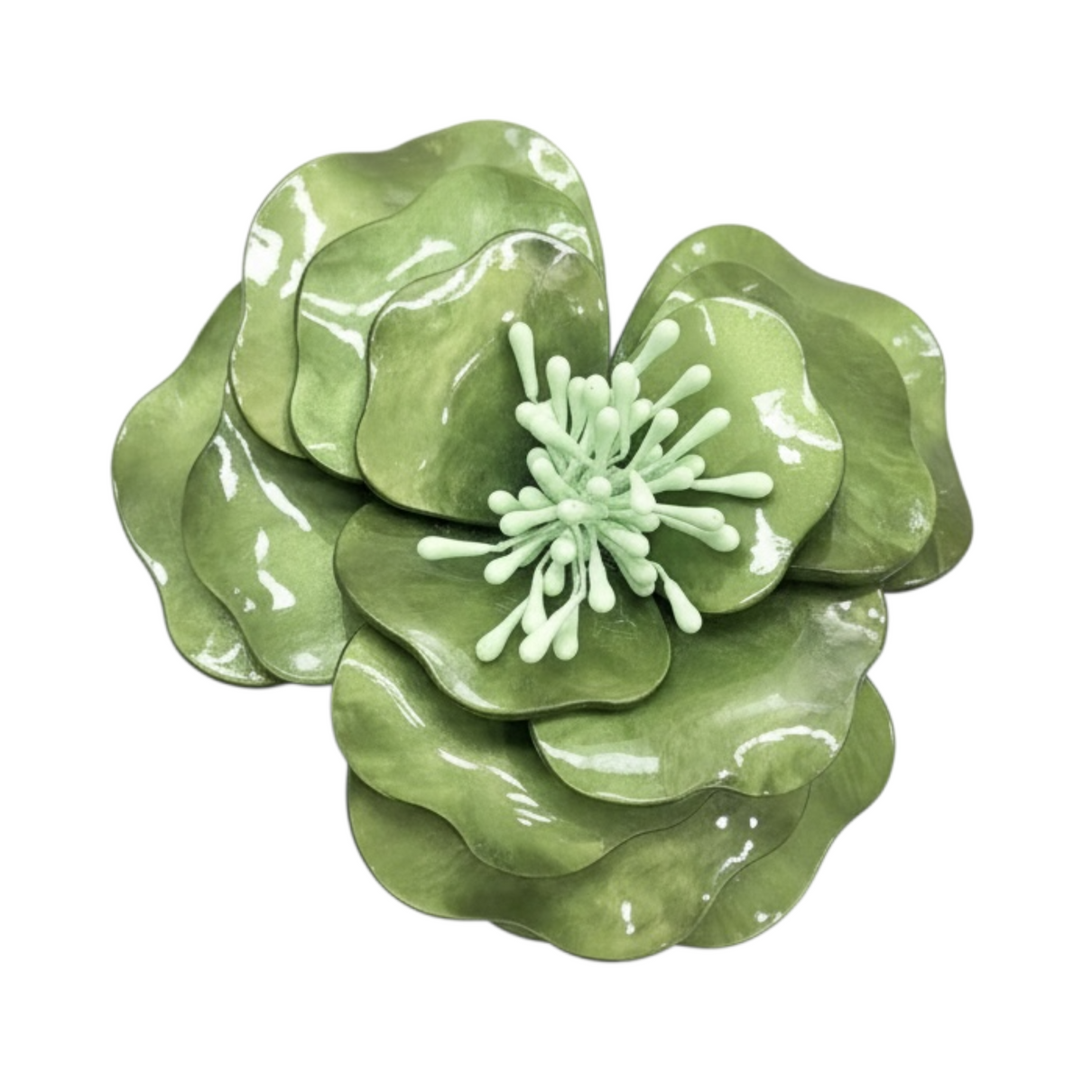 Broche FLOR de La Mariposa, color verde, con forma de flor y acabado brillante. Vista frontal.