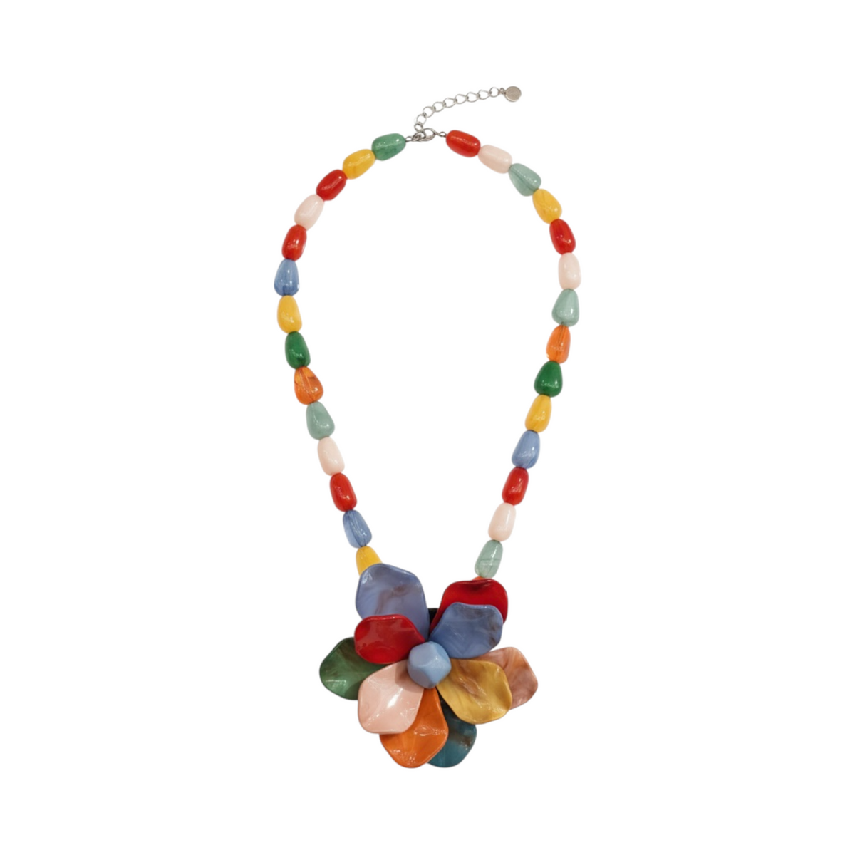 Collar FLOWER de La Mariposa, color multicolor, con cuentas y colgante en forma de flor. Vista frontal.