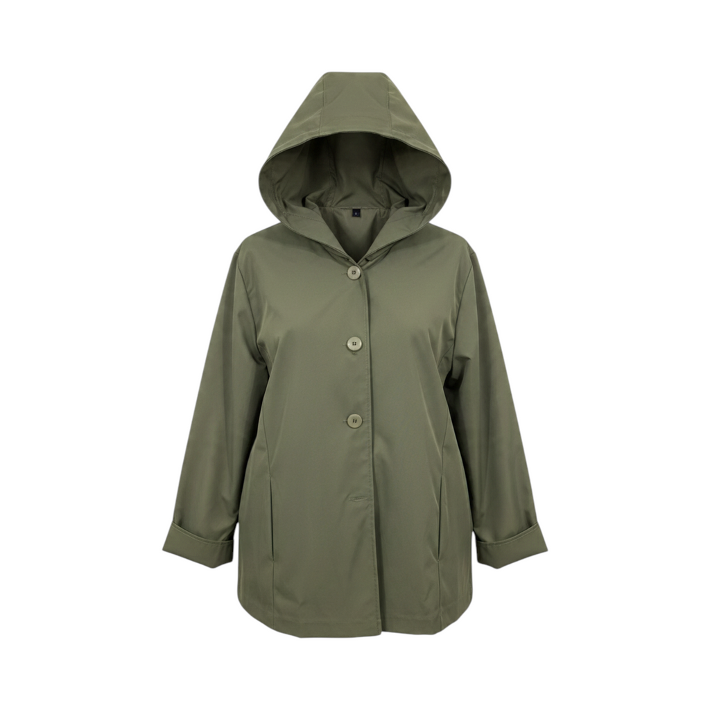 Chaqueta con capucha y botones GORIZIA de La Mariposa, color Verde oliva. Vista delantera.