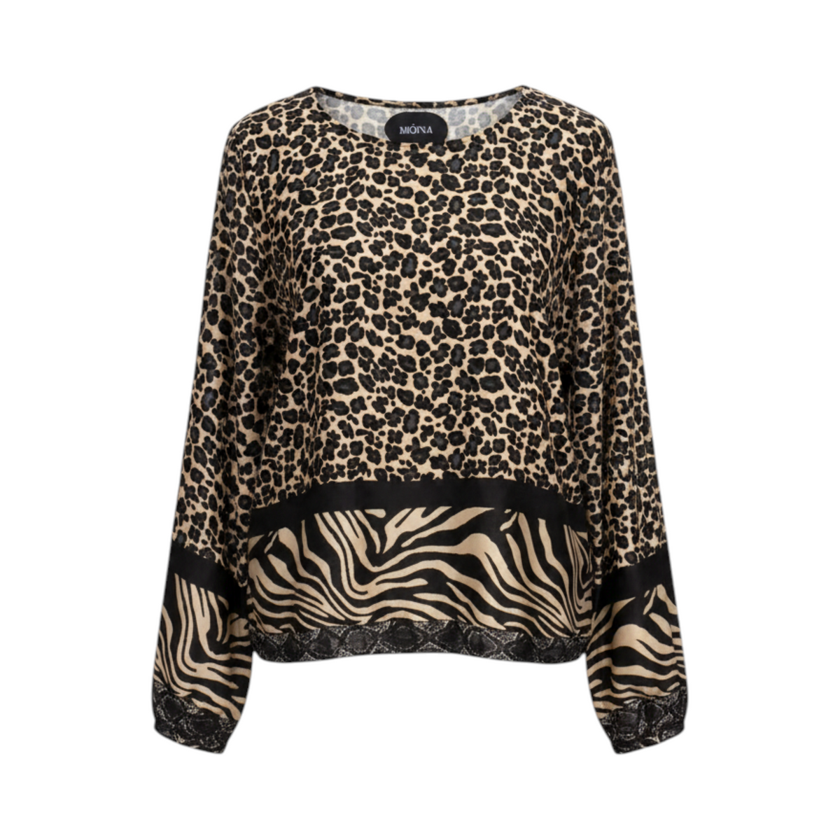Blusa de leopardo con cenefa de cebra IGLESIAS de La Mariposa, color Leopardo negro. Vista delantera.