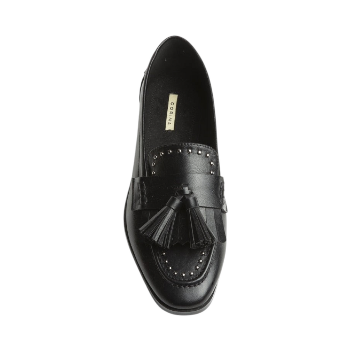 Mocasín LILIUM de La Mariposa, color negro, con borlas y detalles decorativos. Vista superior.