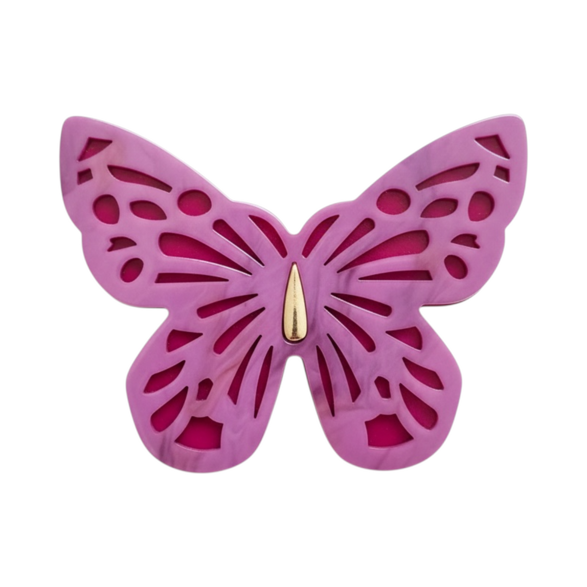 Broche MARIPOSA de La Mariposa, color rosa, con forma de mariposa y alas caladas. Vista frontal.