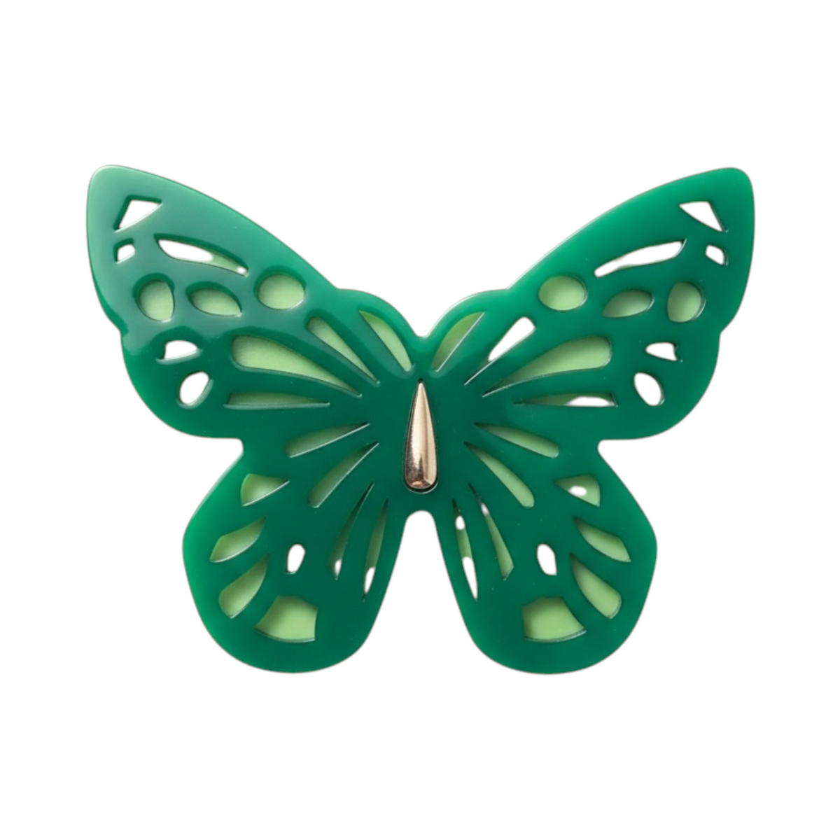 Broche MARIPOSA de La Mariposa, color verde, con forma de mariposa y alas caladas. Vista frontal.