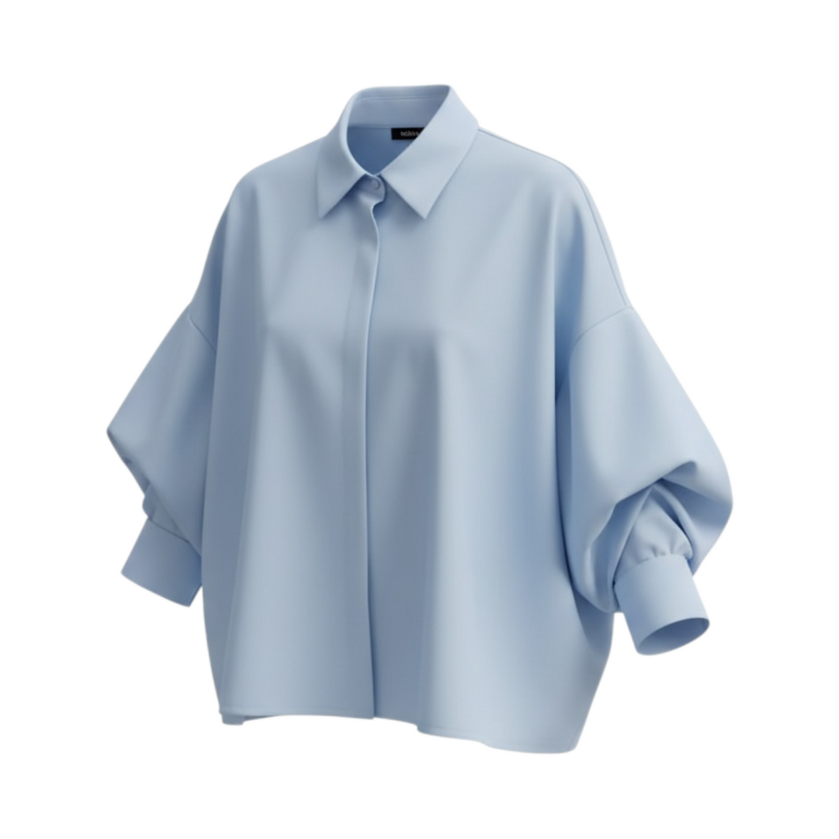 Camisa MATERA de La Mariposa, color azul, con cuello camisero y corte amplio. Vista frontal.