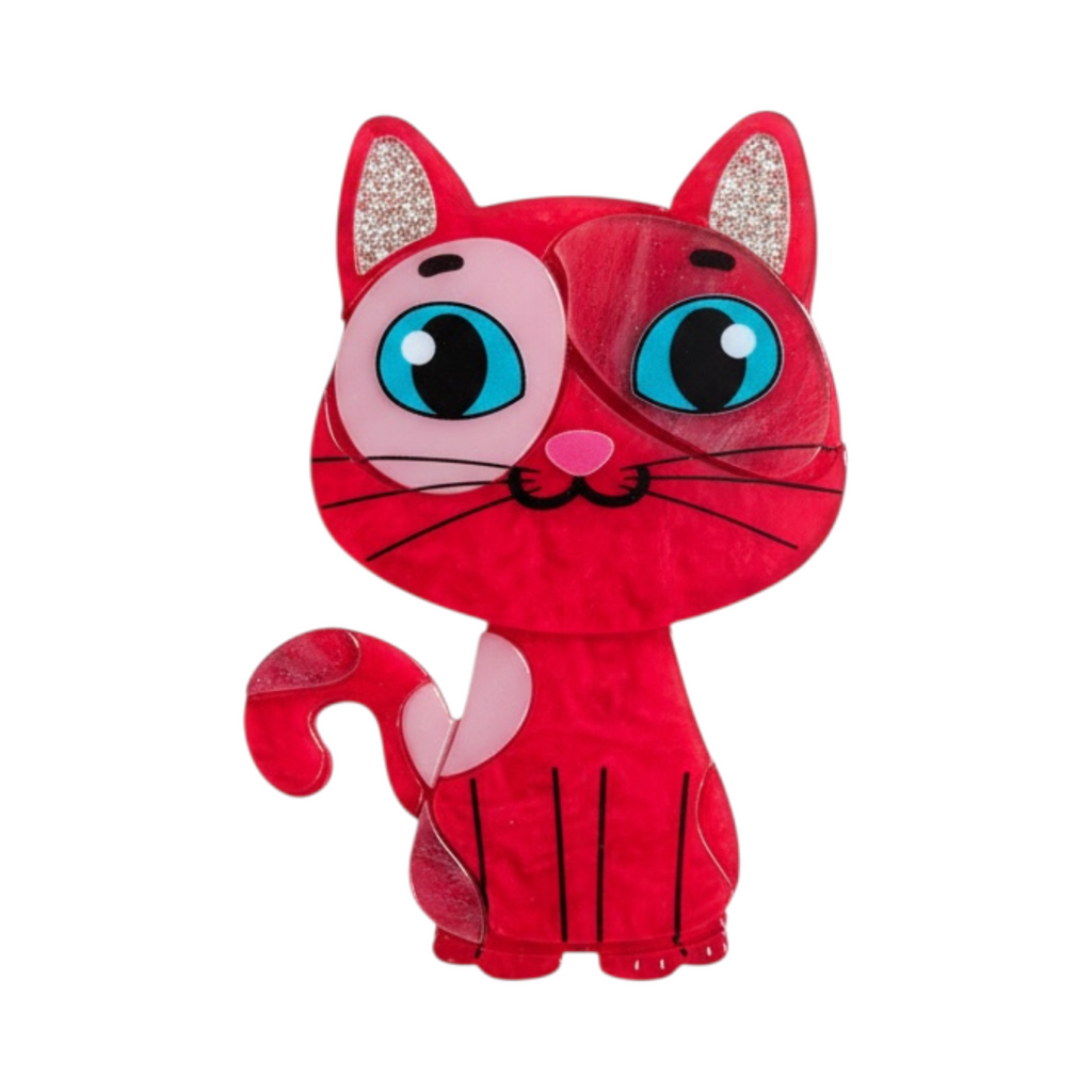 Broche MATILDA de La Mariposa, color rojo, con forma de gato, ojos azules y detalles brillantes. Vista frontal.