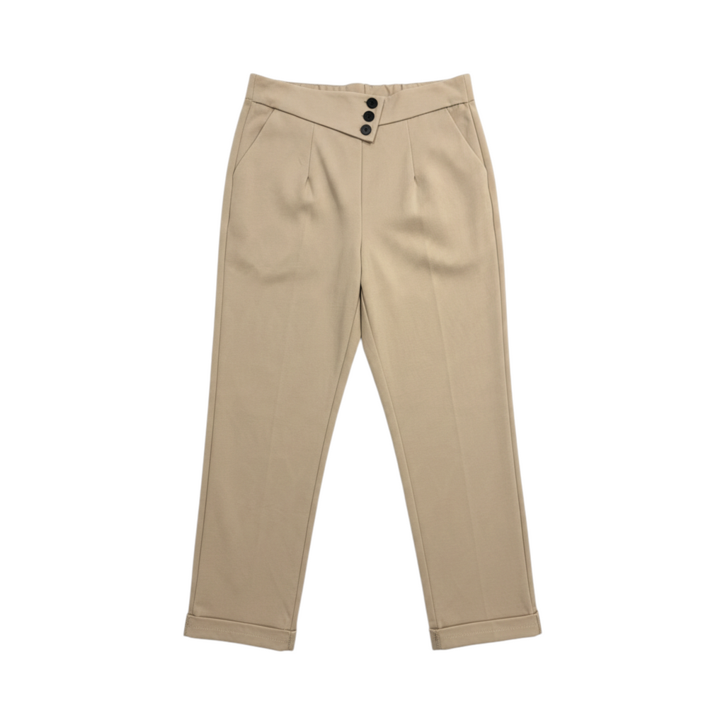 Pantalón tobillero con cintura de tres botones MODENA de La Mariposa, color Beige. Vista delantera.