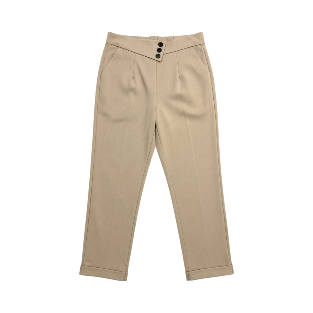 Pantalón tobillero con cintura de tres botones MODENA de La Mariposa, color Beige. Vista delantera.