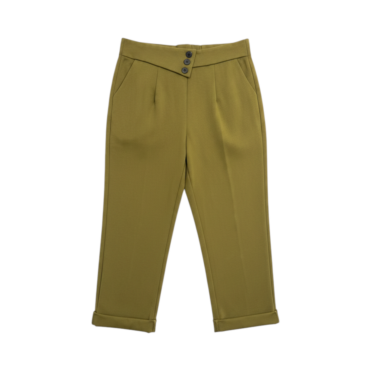 Pantalón tobillero con cintura de tres botones MODENA de La Mariposa, color Mostaza. Vista delantera.