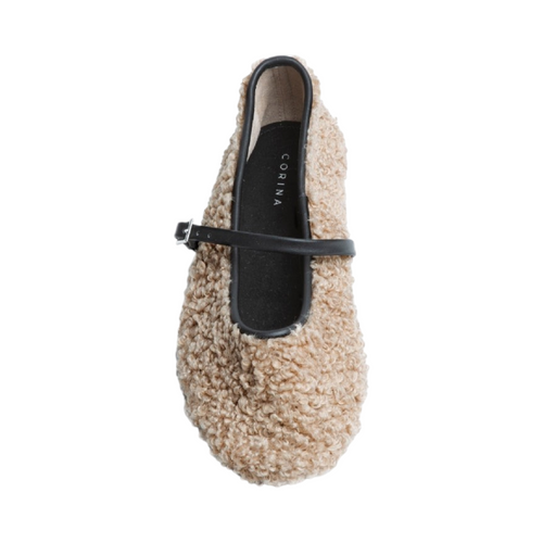 Mercedita MUSCARI de La Mariposa, color beige, con textura rizada y tira con hebilla. Vista superior.