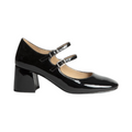 Zapato de tacón NEPETA de La Mariposa, color negro, con acabado brillante y doble tira con hebilla. Vista lateral.