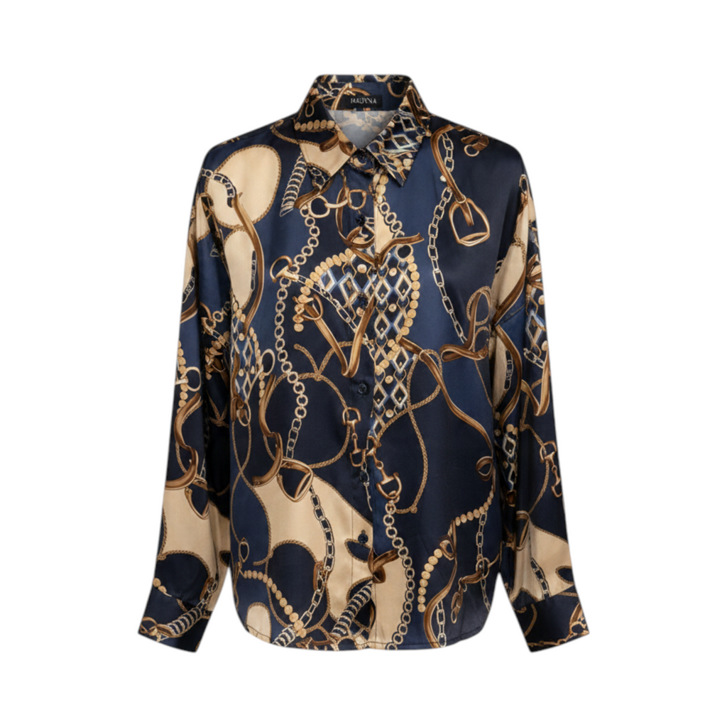 Camisa de cadenas y motivos ecuestres ORISTANO de La Mariposa, color Azul y crema. Vista delantera.
