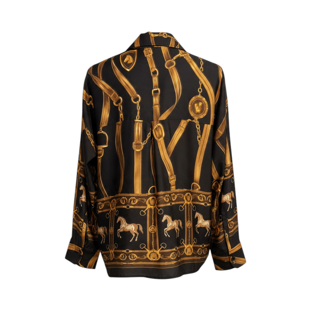 Camisa de cadenas y motivos ecuestres ORISTANO de La Mariposa, color Negro y dorado. Vista trasera.