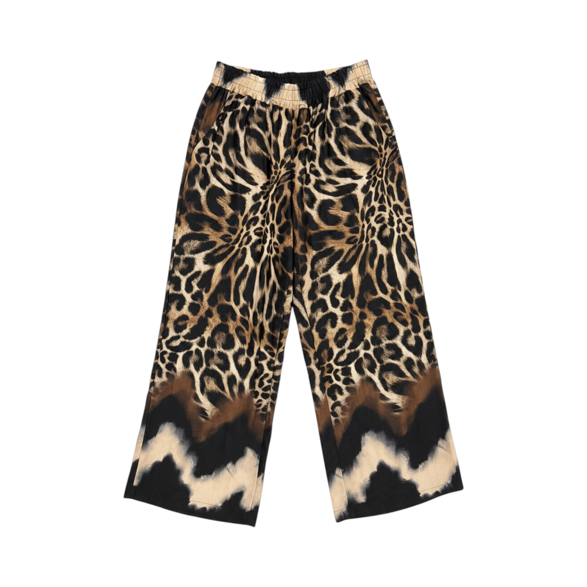 Pantalón fluido de pernera amplia PADUA de La Mariposa, color Animal print blanco y negro. Vista delantera.