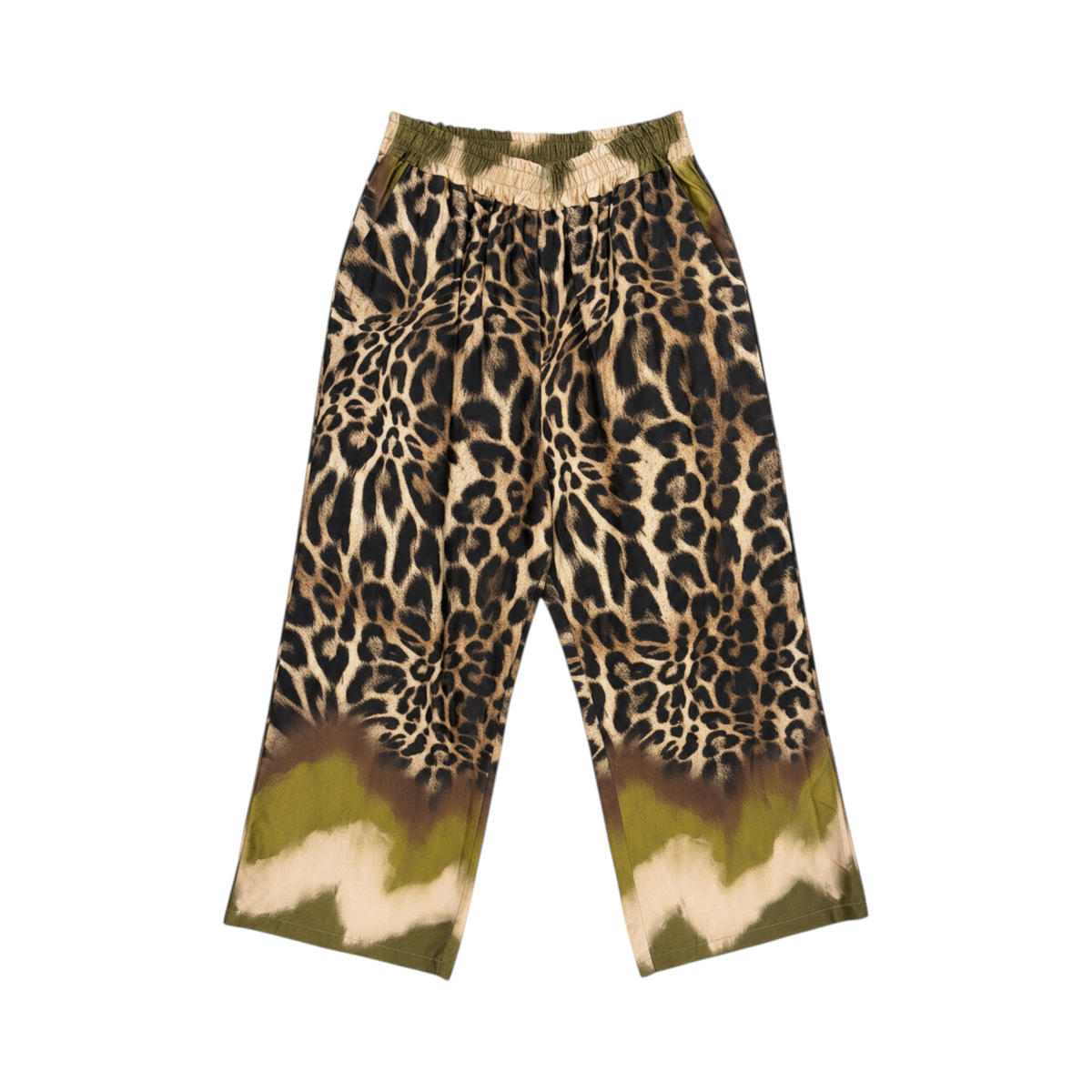 Pantalón fluido de pernera amplia PADUA de La Mariposa, color Animal print verde. Vista delantera.