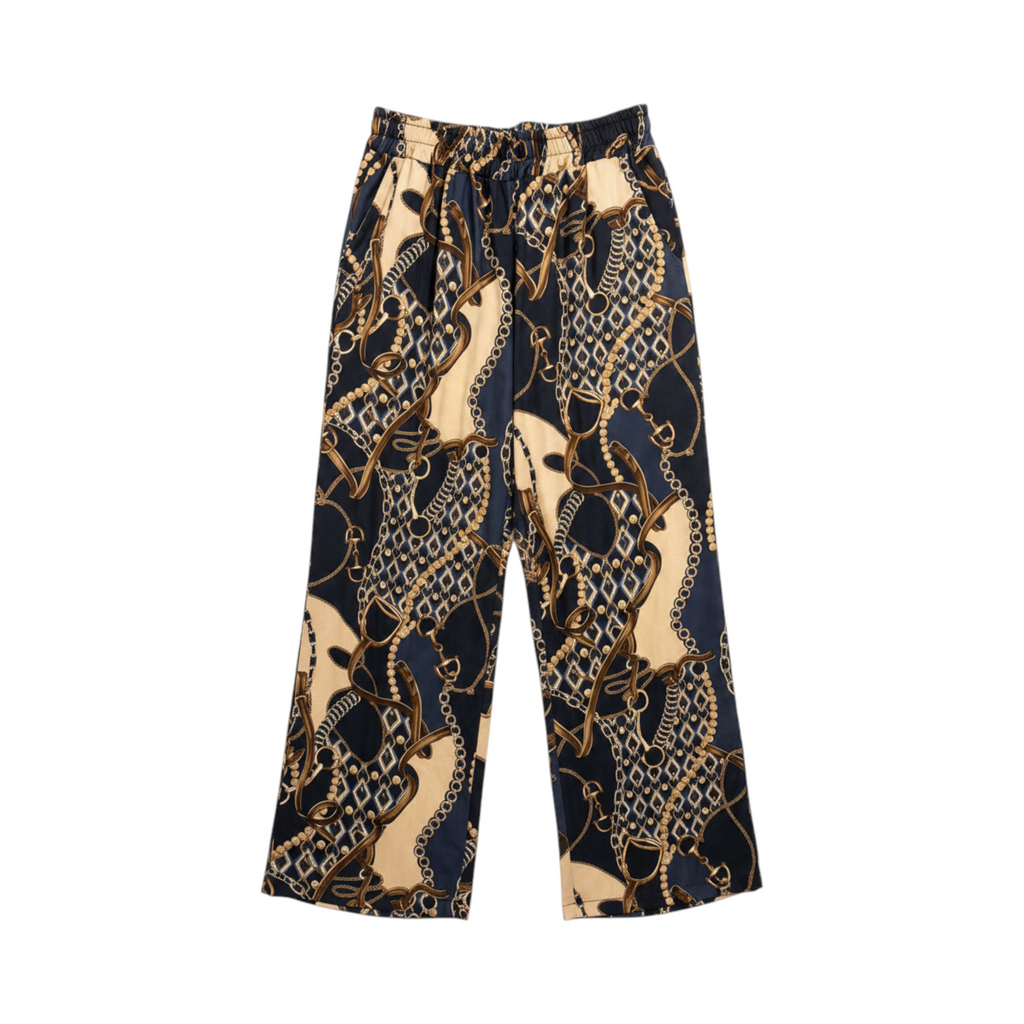 Pantalón fluido de pernera amplia PADUA de La Mariposa, color Cadenas azul y crema. Vista delantera.