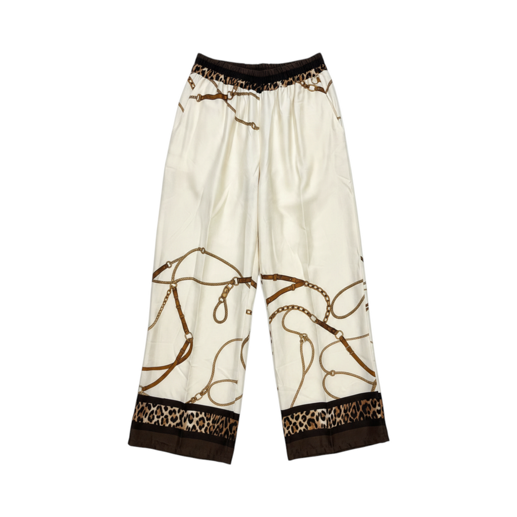 Pantalón fluido de pernera amplia PADUA de La Mariposa, color Cadenas crema y marrón. Vista delantera.