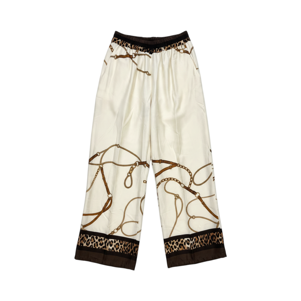 Pantalón fluido de pernera amplia PADUA de La Mariposa, color Cadenas crema y marrón. Vista delantera.
