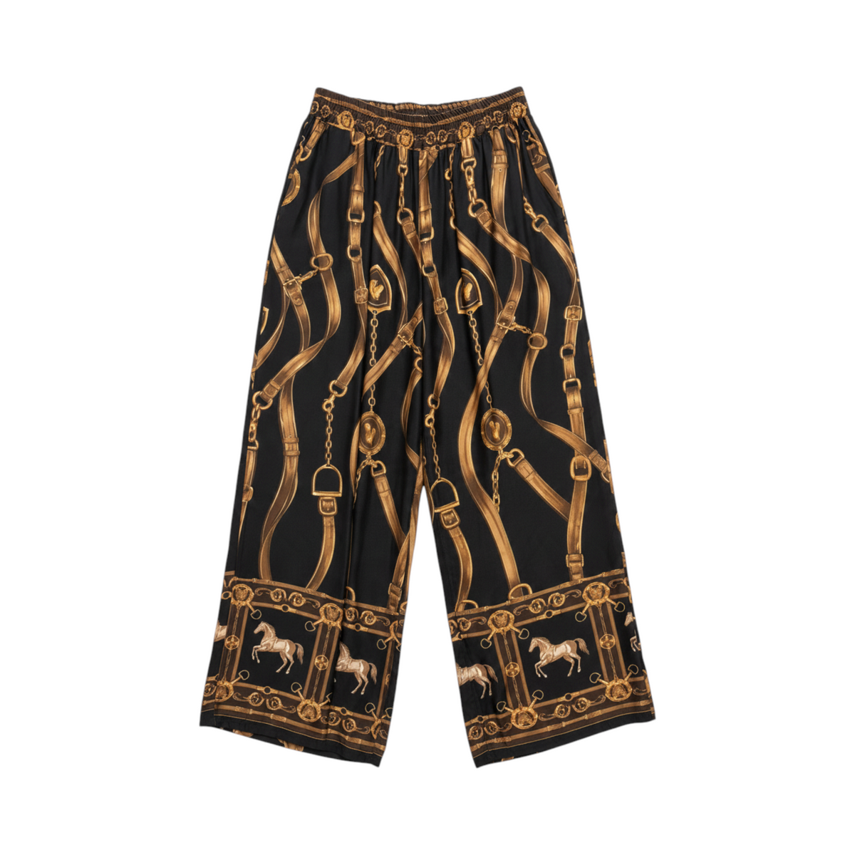 Pantalón fluido de pernera amplia PADUA de La Mariposa, color Cadenas negro y dorado. Vista delantera.