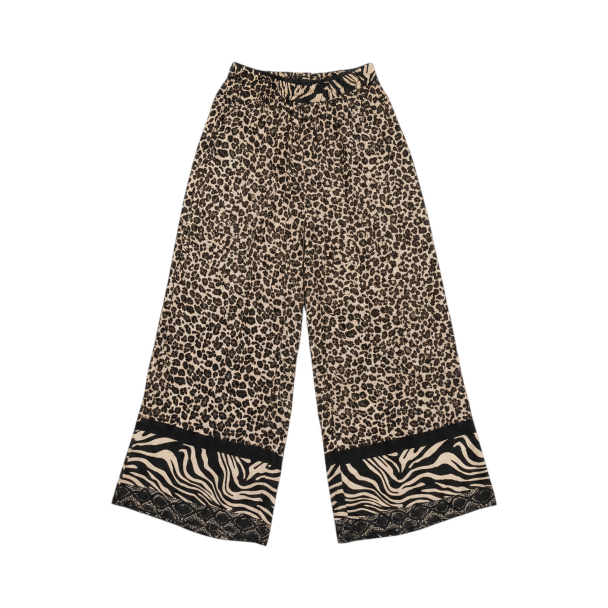 Pantalón fluido de pernera amplia PADUA de La Mariposa, color Leopardo y cebra. Vista cenital Flat Lay.