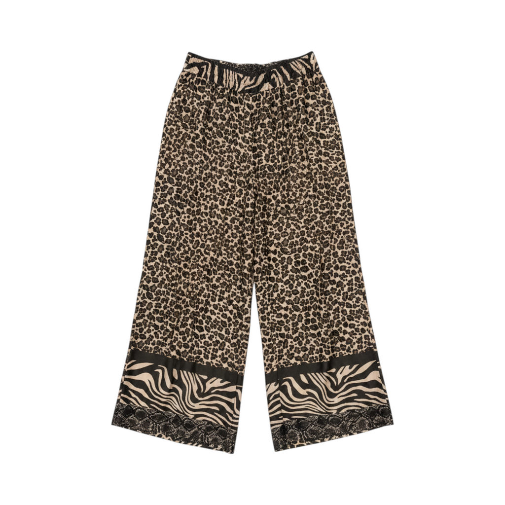 Pantalón fluido de pernera amplia PADUA de La Mariposa, color Leopardo y cebra. Vista delantera.
