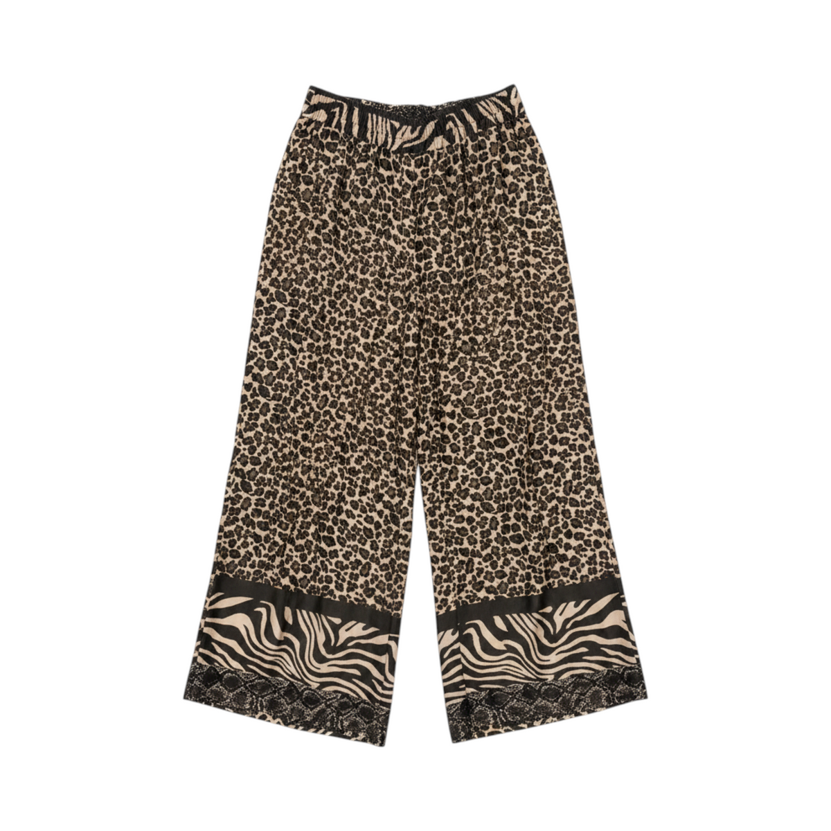 Pantalón fluido de pernera amplia PADUA de La Mariposa, color Leopardo y cebra. Vista delantera.