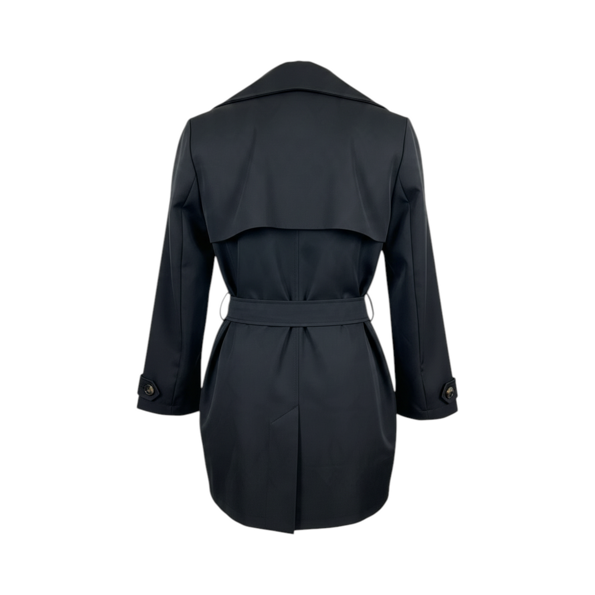 Chaqueta tipo gabardina con cinturón POTENZA de La Mariposa, color Azul marino. Vista trasera.