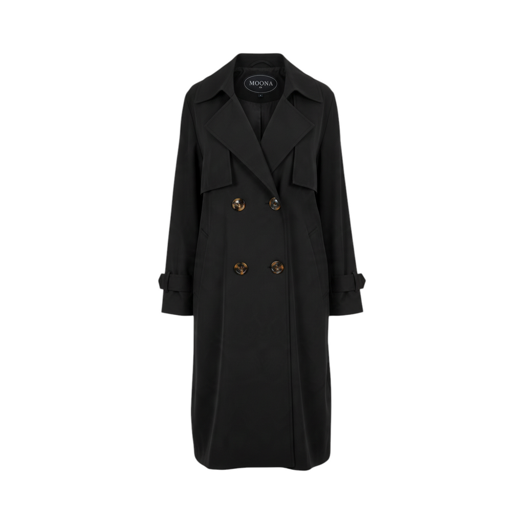 Chaqueta tipo gabardina con cinturón POTENZA de La Mariposa, color Negro. Vista delantera.