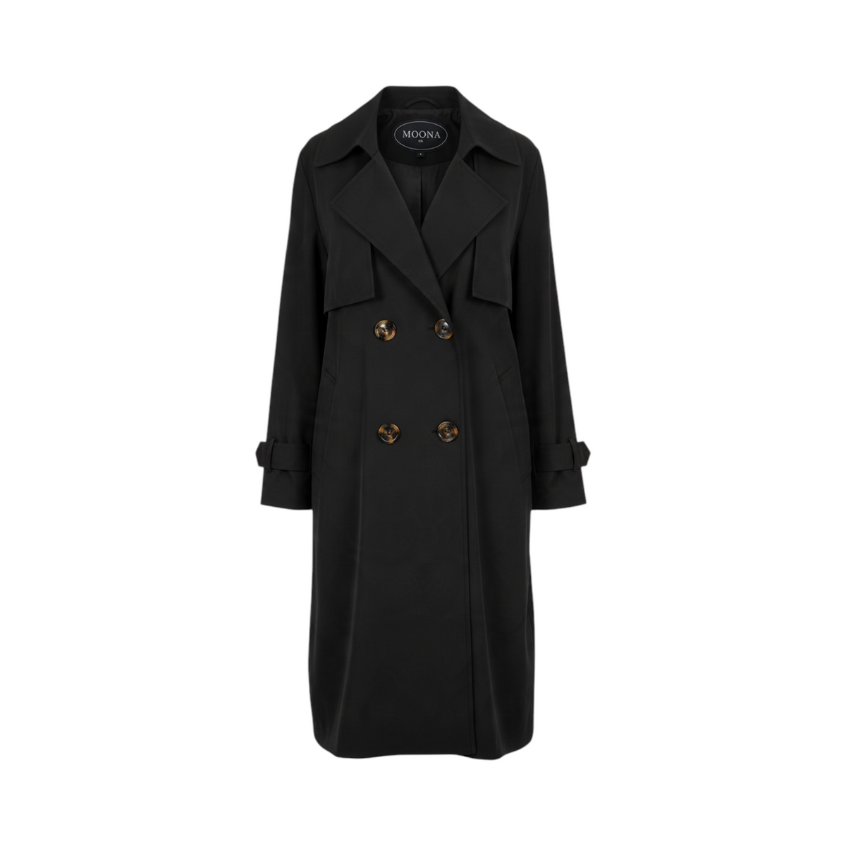 Chaqueta tipo gabardina con cinturón POTENZA de La Mariposa, color Negro. Vista delantera.