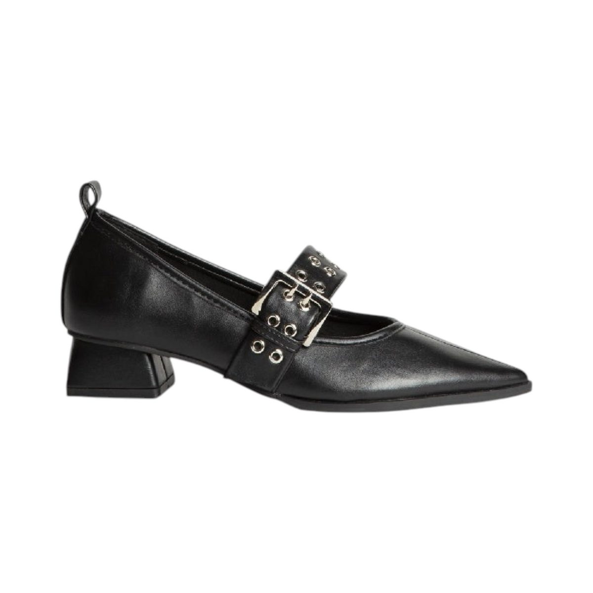 Zapato de tacón PRIMULA de La Mariposa, color negro, con punta fina y tira ancha con ojales y hebilla. Vista lateral.