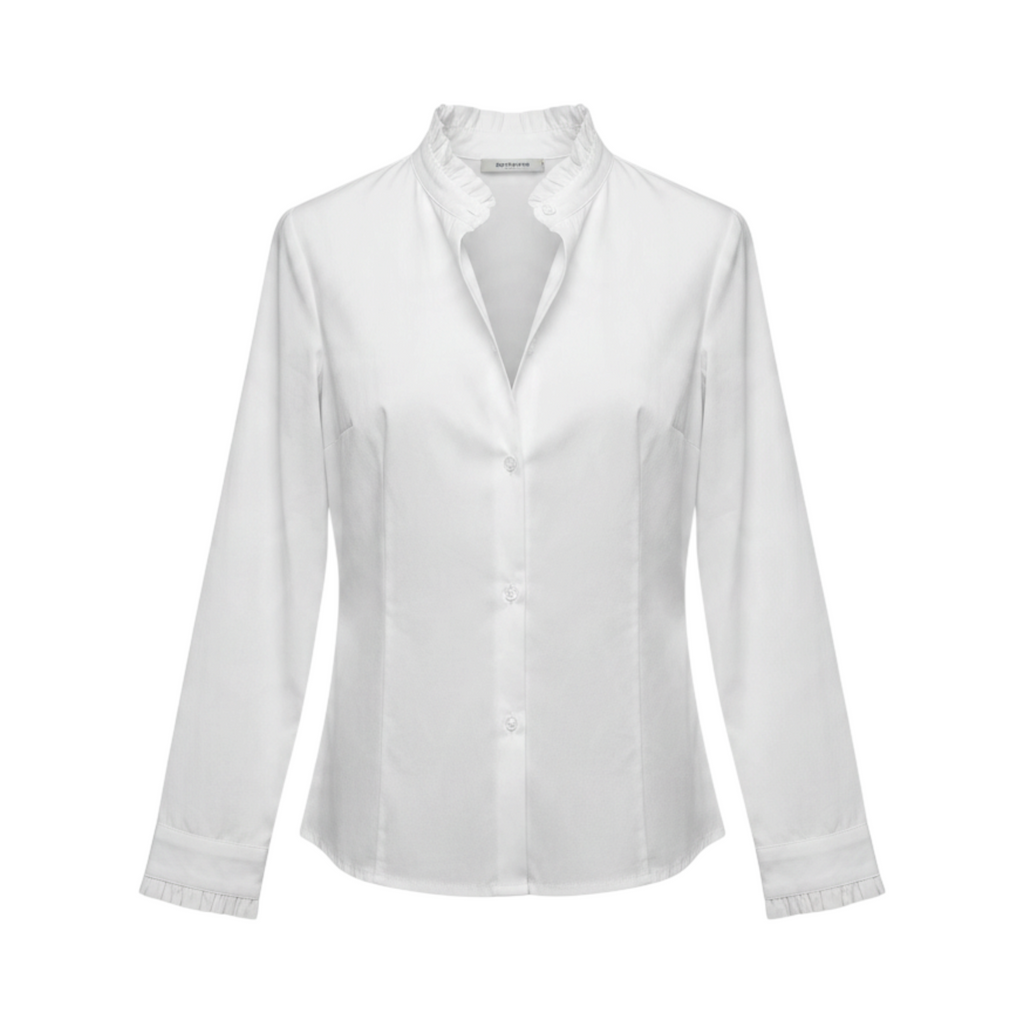 Camisa de manga larga con cuello fruncido RAVENNA de La Mariposa, color Blanco. Vista delantera.