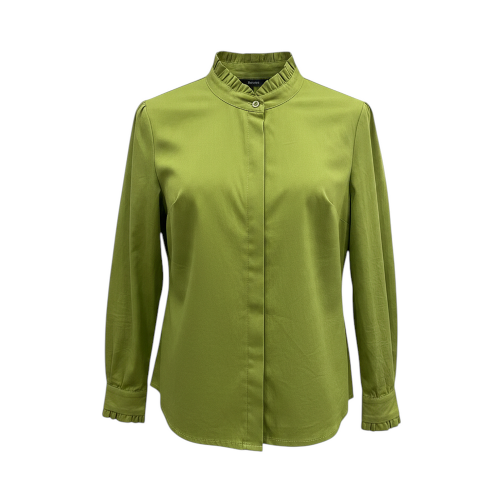 Camisa de manga larga con cuello fruncido RAVENNA de La Mariposa, color Verde. Vista delantera.