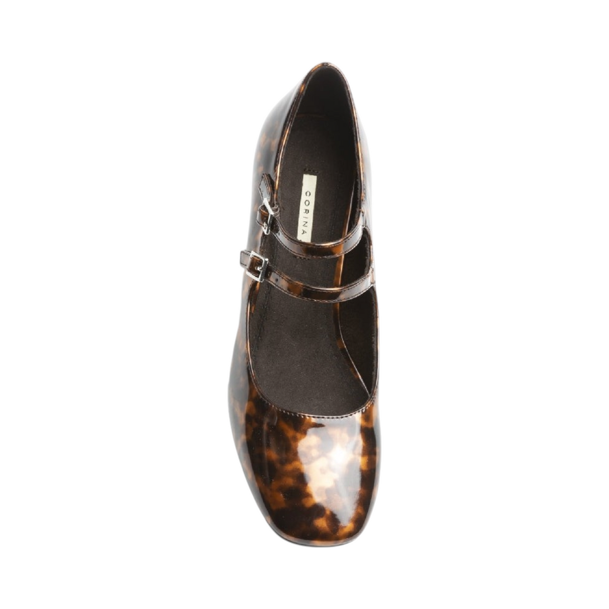 Zapato de tacón RUSSELIA de La Mariposa, variante animal print, con doble tira y hebillas. Vista superior.